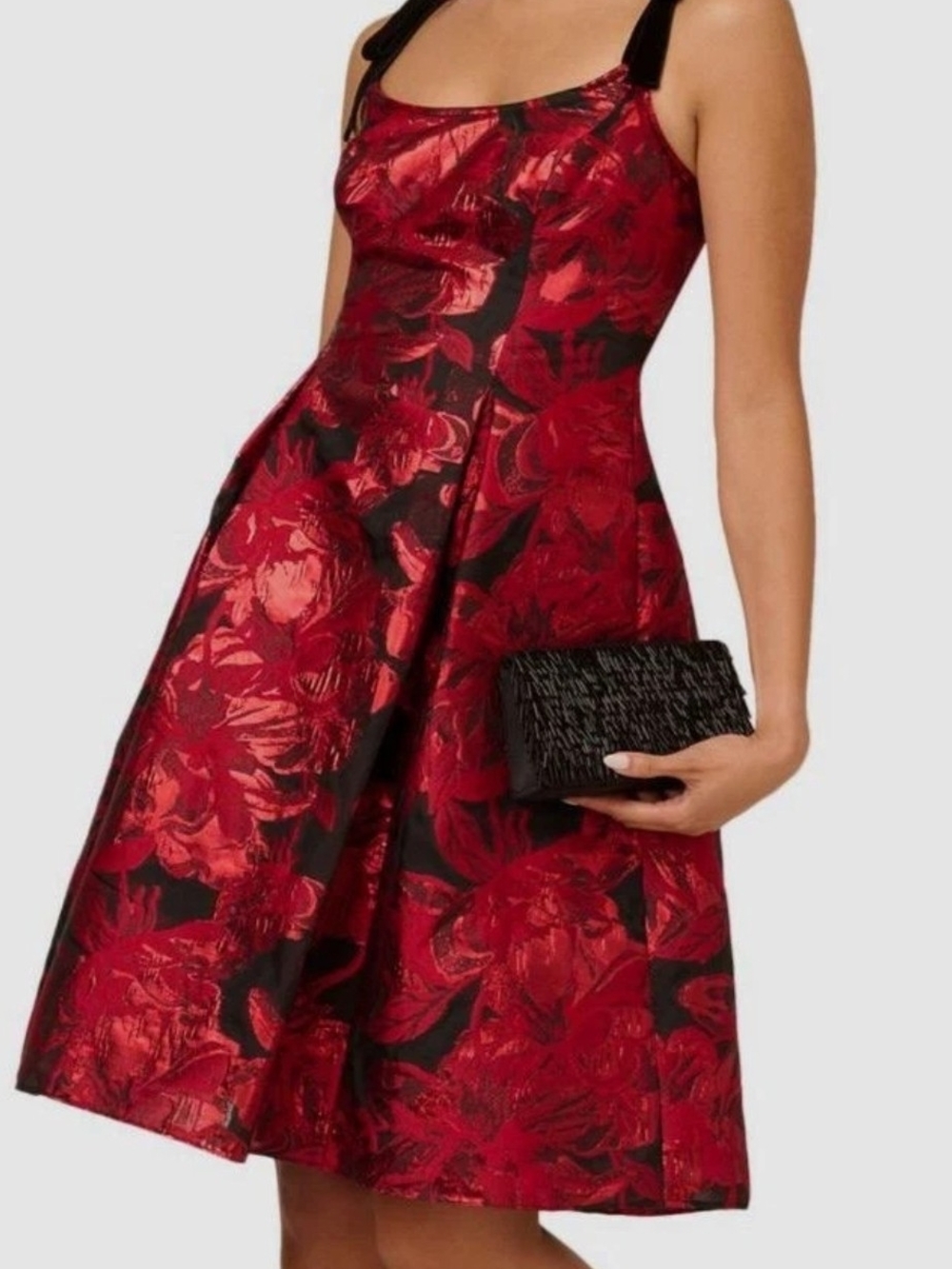 Adrianna Papell Red and Black Floral Midi Dress